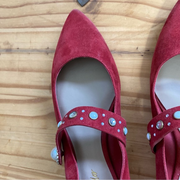 Lord &Taylor size 6.5 Red Suede Flats with Stones on Strap Good Condition - Picture 4 of 12